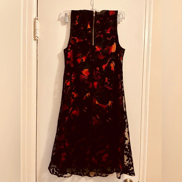 SLNY Vibrant Red Orange Floral Sheath Dress Black Velvet Burnout Overlay Size 6 - Picture 6 of 13